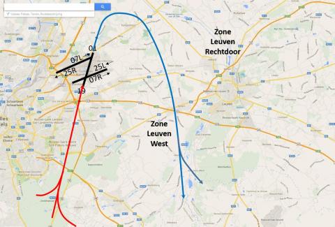 Opstijgen van baan 01 met overvliegen van Leuven West regio